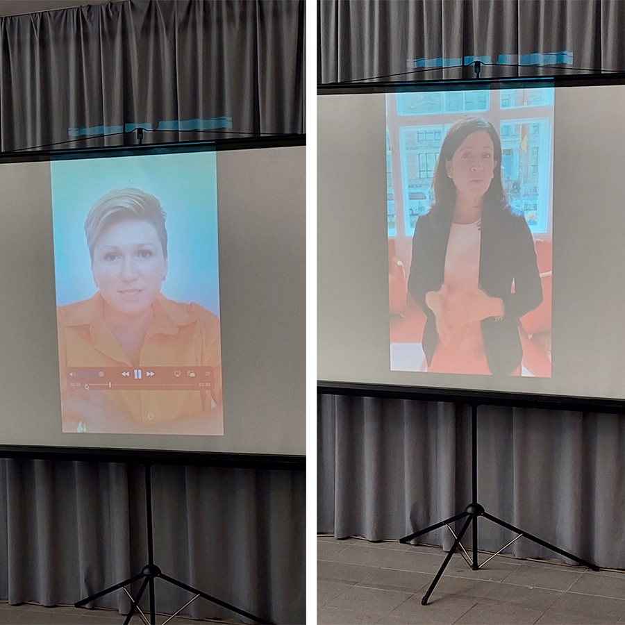 Bild von Videoleinwand mit Olga Gauks, MdA und Bildungssenatorin Katharina Günther-Wünsch